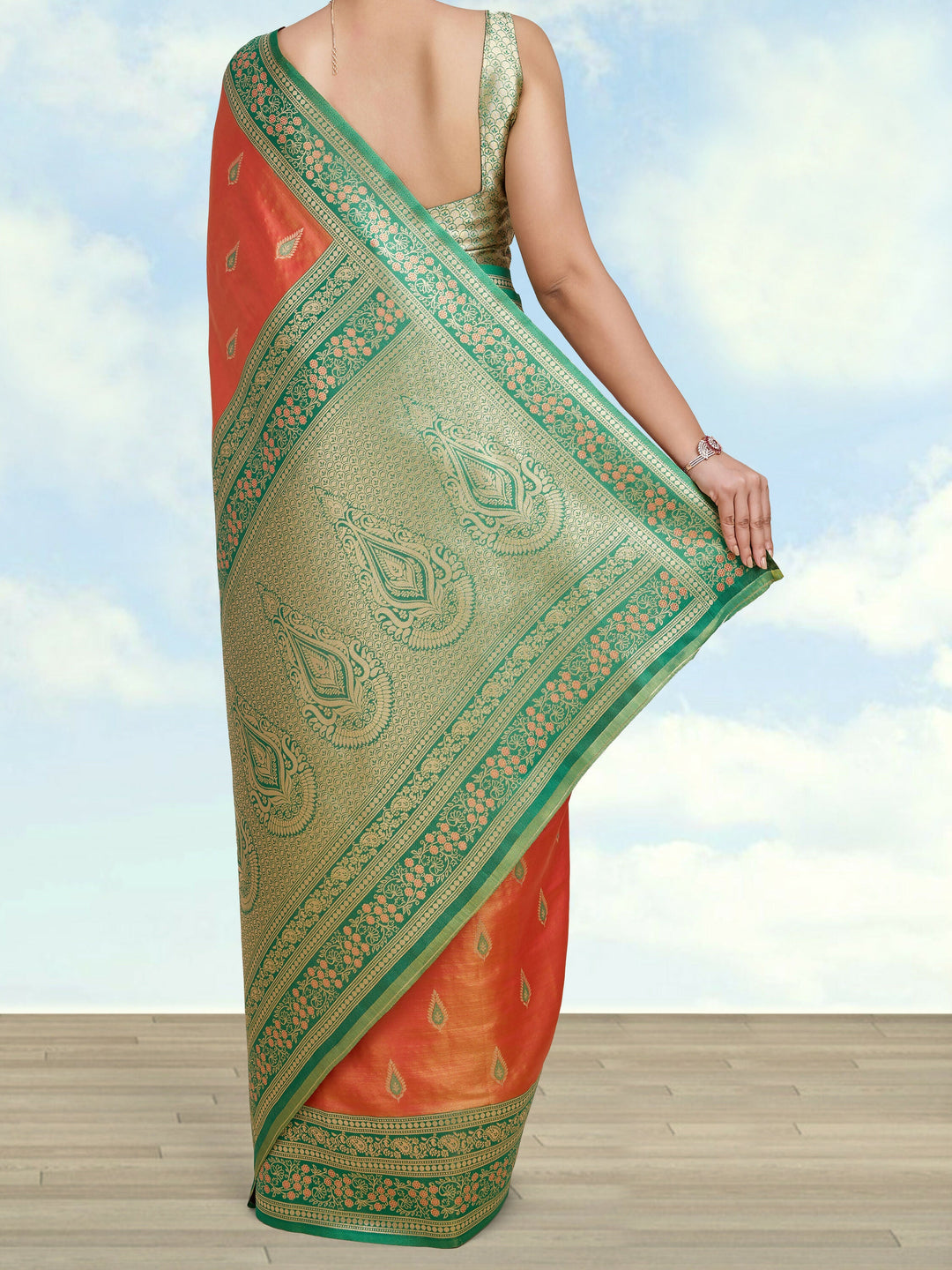 Semi Banarasi Tissue Silk Zari Woven Orange Saree | SHOBITAM