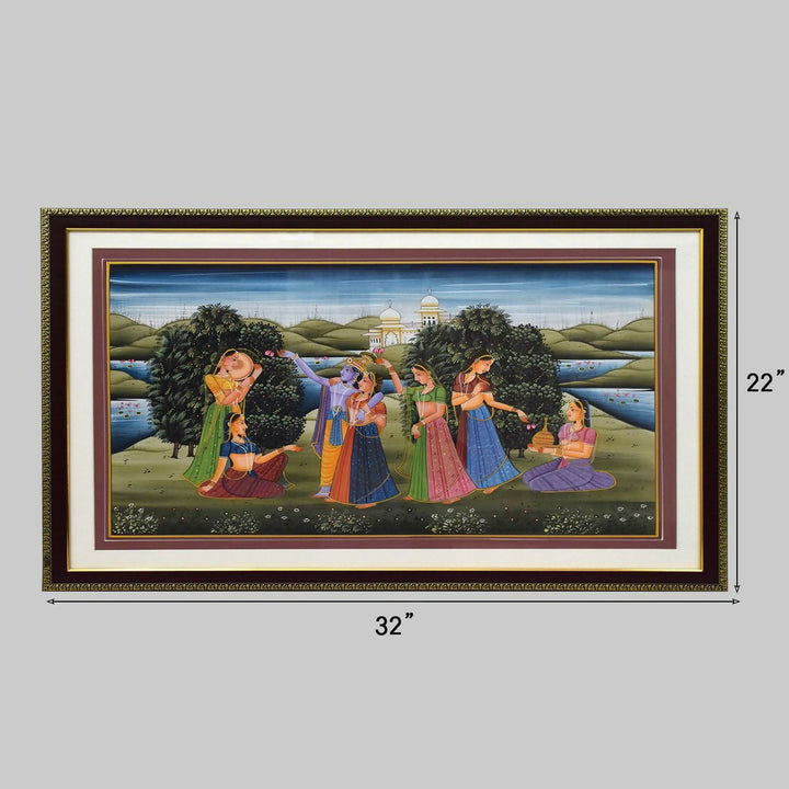 SILK PAINTING RADHA KRISHNA WITH GOPIKA 22*32*1 | SHOBITAM