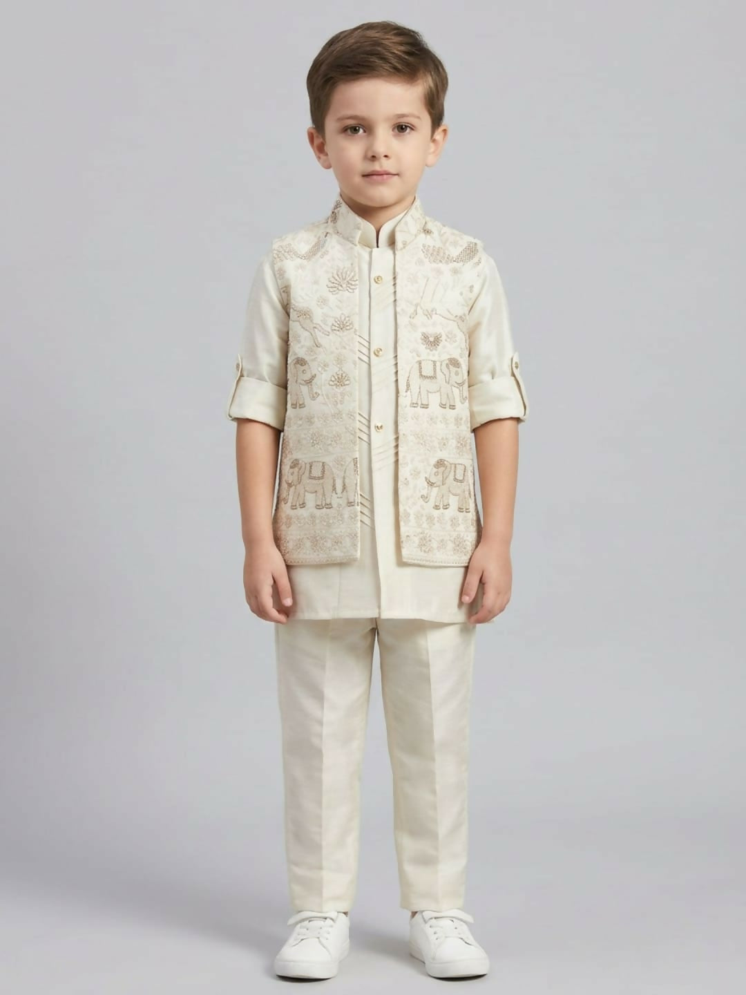 Boys Off White Kurta Pajama Set with Embroidered Ethnic Jacket | SHOBITAM