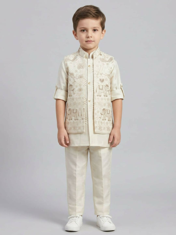 Boys Off White Kurta Pajama Set with Embroidered Ethnic Jacket | SHOBITAM