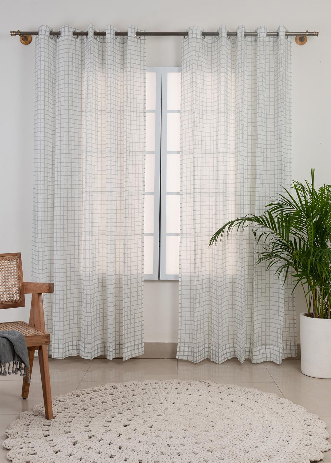 Uneven checks geometric 100 % cotton sheer curtain for Living room & bedroom - Light filtering - Grey - Single Piece | SHOBITAM