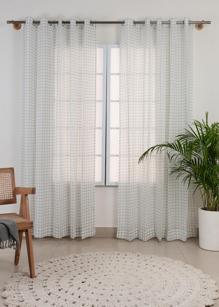 Uneven checks geometric 100 % cotton sheer curtain for Living room & bedroom - Light filtering - Grey - Single Piece | SHOBITAM