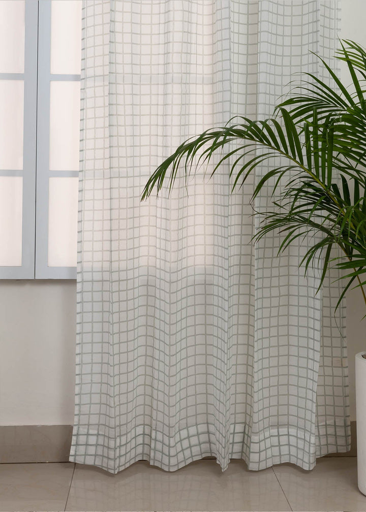 Uneven checks geometric 100 % cotton sheer curtain for Living room & bedroom - Light filtering - Grey - Single Piece | SHOBITAM