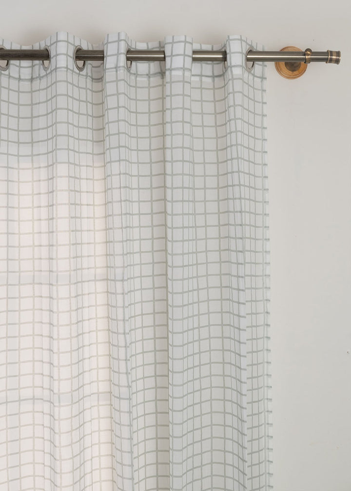 Uneven checks geometric 100 % cotton sheer curtain for Living room & bedroom - Light filtering - Grey - Single Piece | SHOBITAM