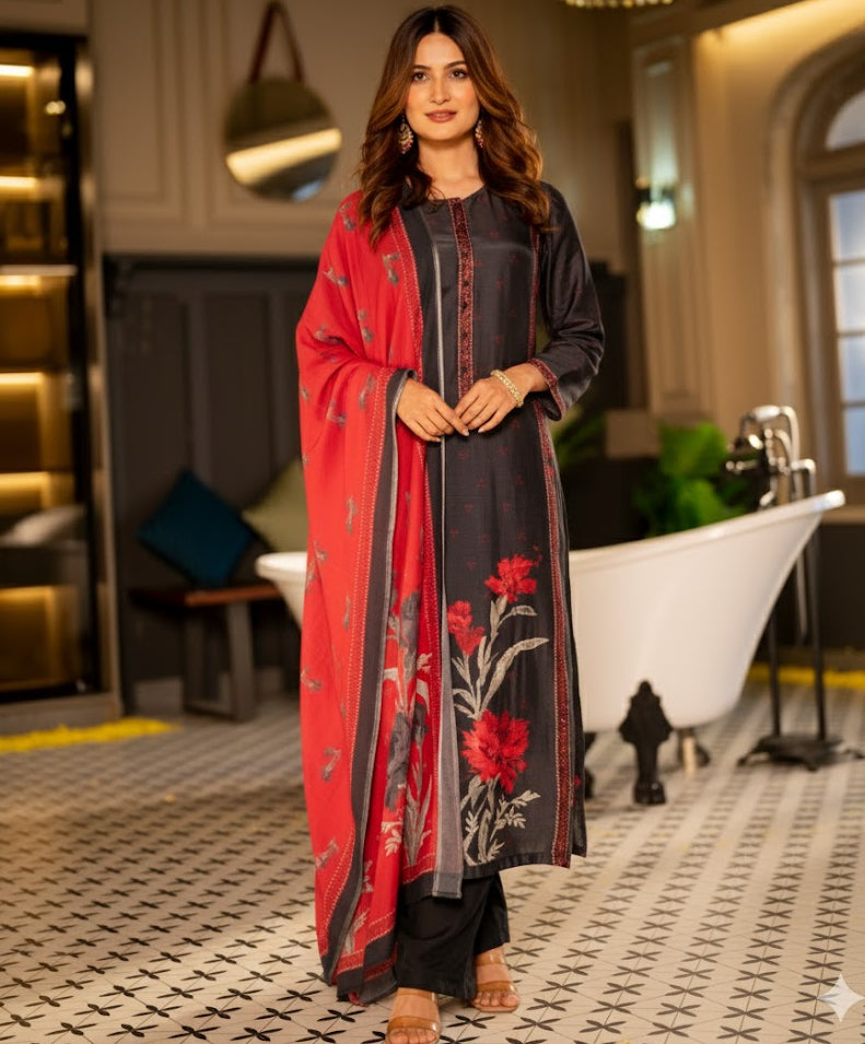 Black and Red Muslin Floral Panel Print Suit Set with beads work- SET OF-3 | SHOBITAM