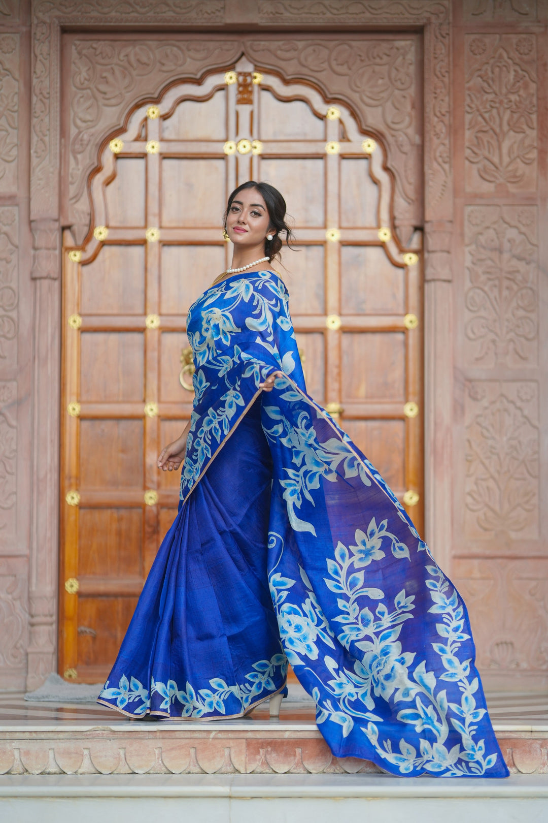 Sapphire Blue Hand Wax Batik Print on Lightweight Tussar Silk Saree with Floral Design and Lace Border | SILK MARK CERTIFIED