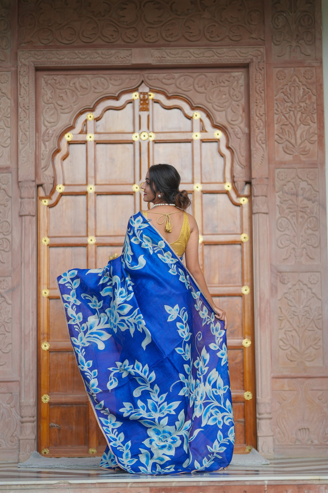 Sapphire Blue Hand Wax Batik Print on Lightweight Tussar Silk Saree with Floral Design and Lace Border | SILK MARK CERTIFIED