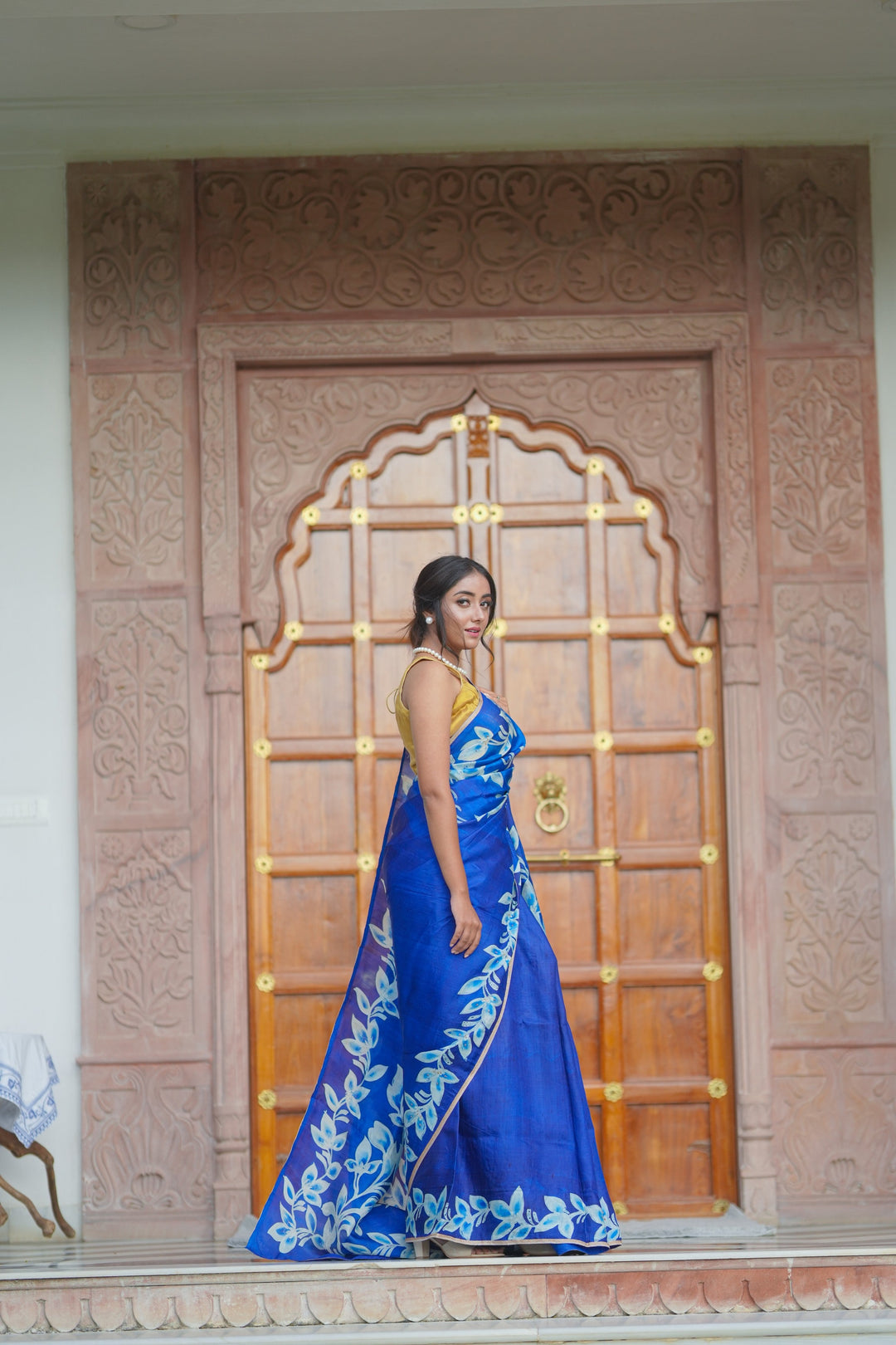 Sapphire Blue Hand Wax Batik Print on Lightweight Tussar Silk Saree with Floral Design and Lace Border | SILK MARK CERTIFIED