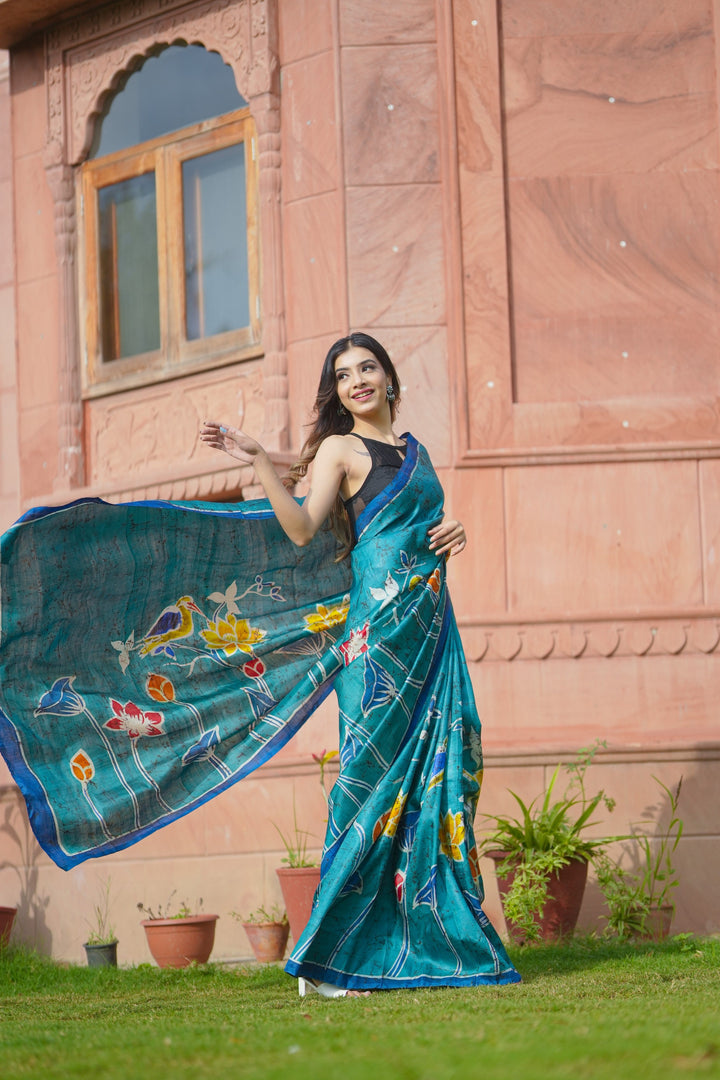 Black Hand Wax Batik Print on JLightweight Tussar Silk saree with Krishna and Peacock Feather Design | SILK MARK CERTIFIED (Copy)