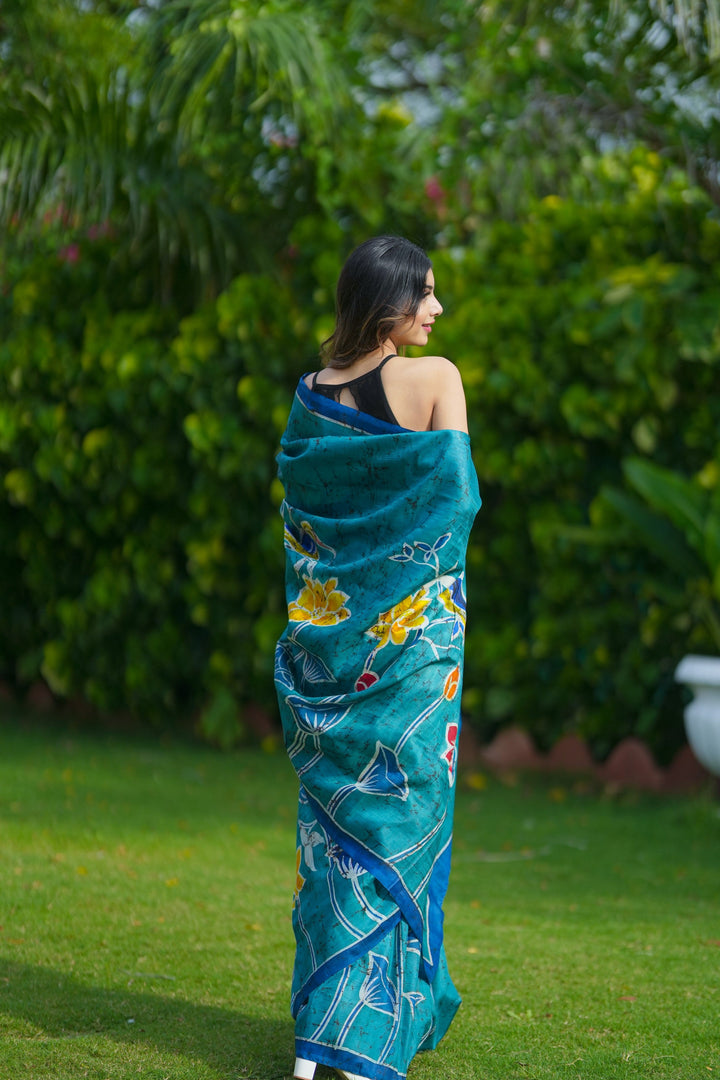Black Hand Wax Batik Print on JLightweight Tussar Silk saree with Krishna and Peacock Feather Design | SILK MARK CERTIFIED (Copy)