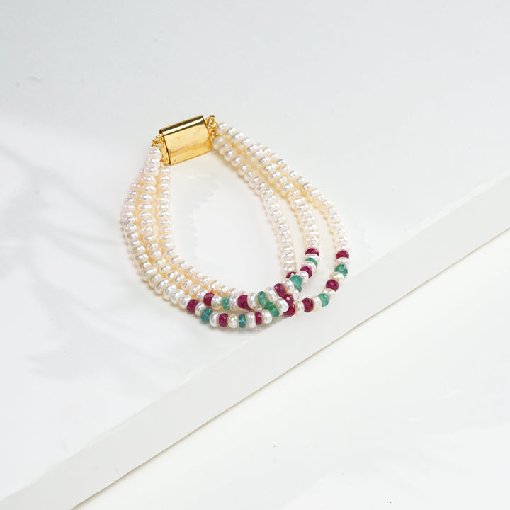 Pure pearls, button shaped 3 strand Bracelet with Real Rubies and Emeralds 8" inches