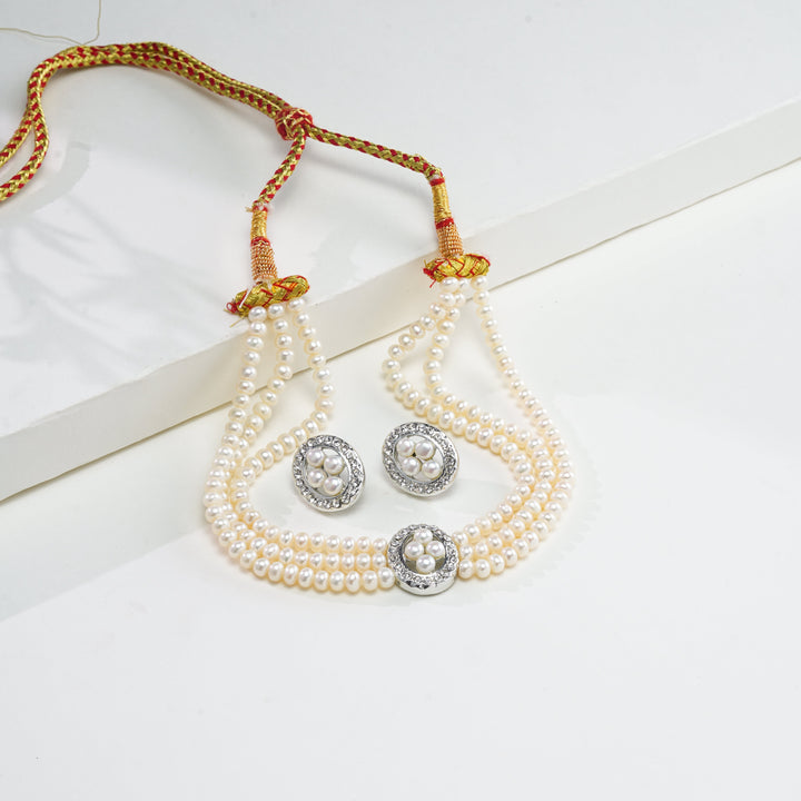 Unique 3 Strand Pure Pearls Choker Set with Central AD Unit and Matching Stud Earrings