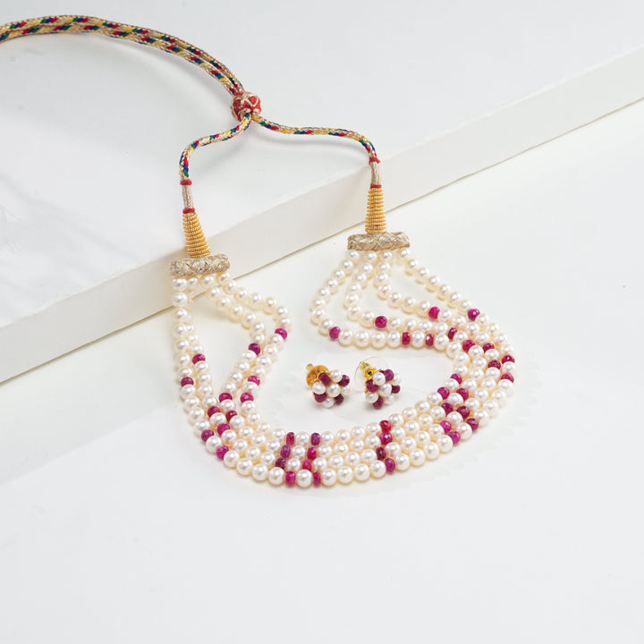 Pure Pearls and Real Ruby 4 strand choker and earring set