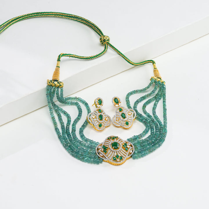 Pure Emerald 5 strand choker and earrings set with AD stones,