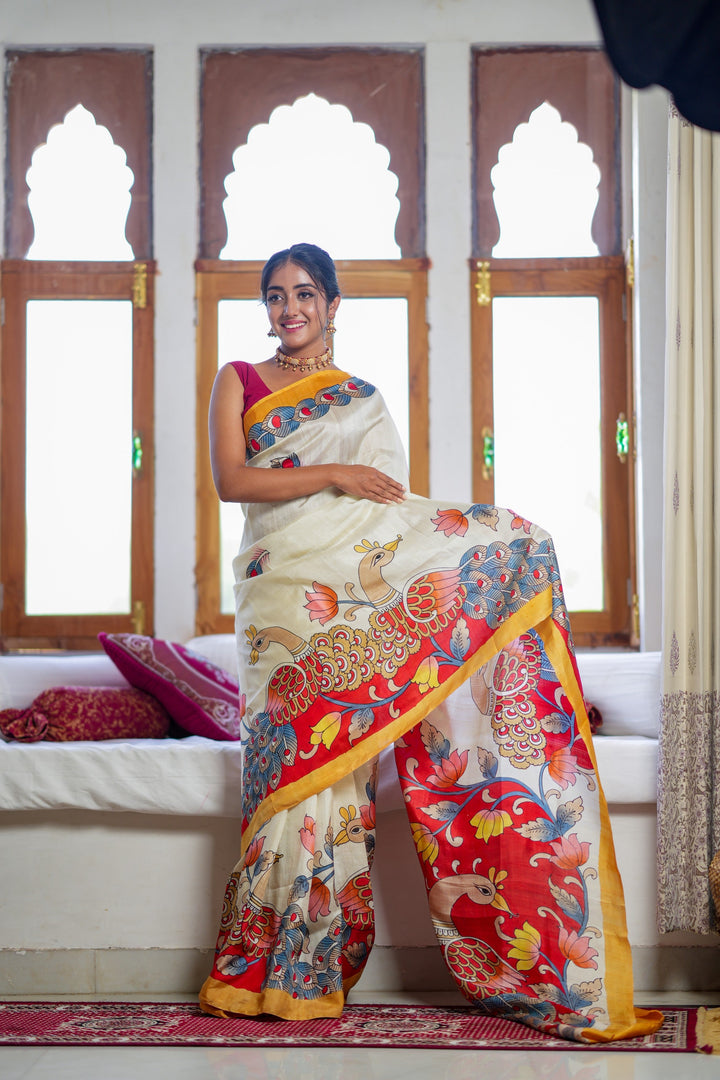 Ivory Pure Handloom Silk Saree with Kalamkari Handpainted Peacock Motifs and Contrast Border  | SILK MARK CERTIFIED | SHOBITAM