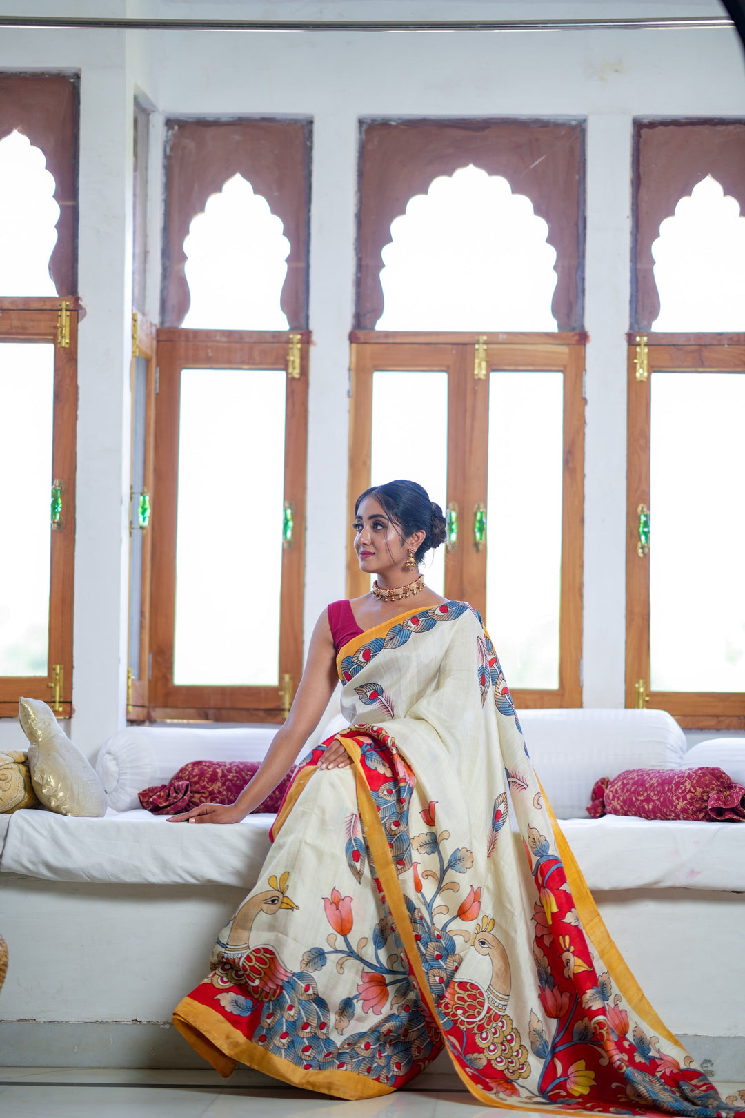 Ivory Pure Handloom Silk Saree with Kalamkari Handpainted Peacock Motifs and Contrast Border  | SILK MARK CERTIFIED | SHOBITAM