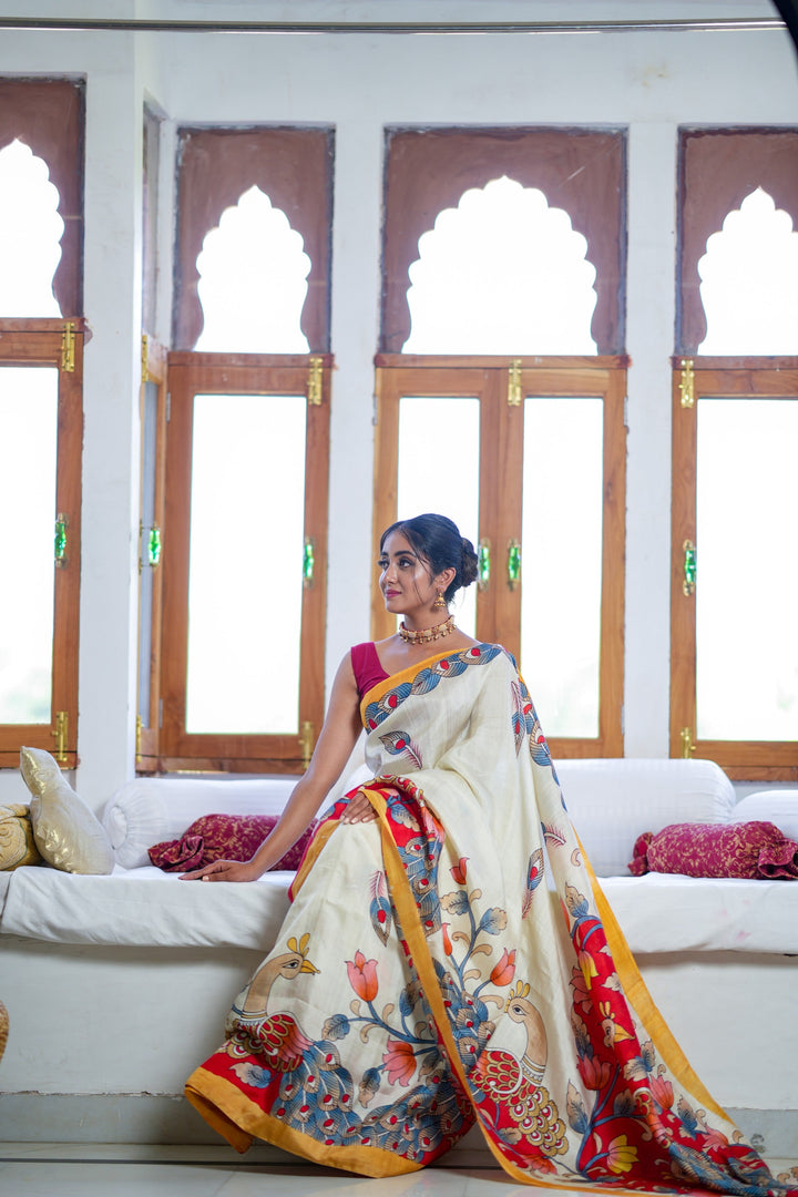 Ivory Pure Handloom Silk Saree with Kalamkari Handpainted Peacock Motifs and Contrast Border  | SILK MARK CERTIFIED | SHOBITAM