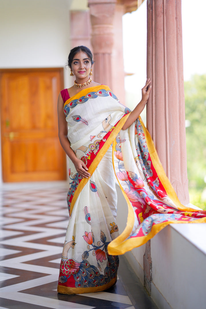 Ivory Pure Handloom Silk Saree with Kalamkari Handpainted Peacock Motifs and Contrast Border  | SILK MARK CERTIFIED | SHOBITAM