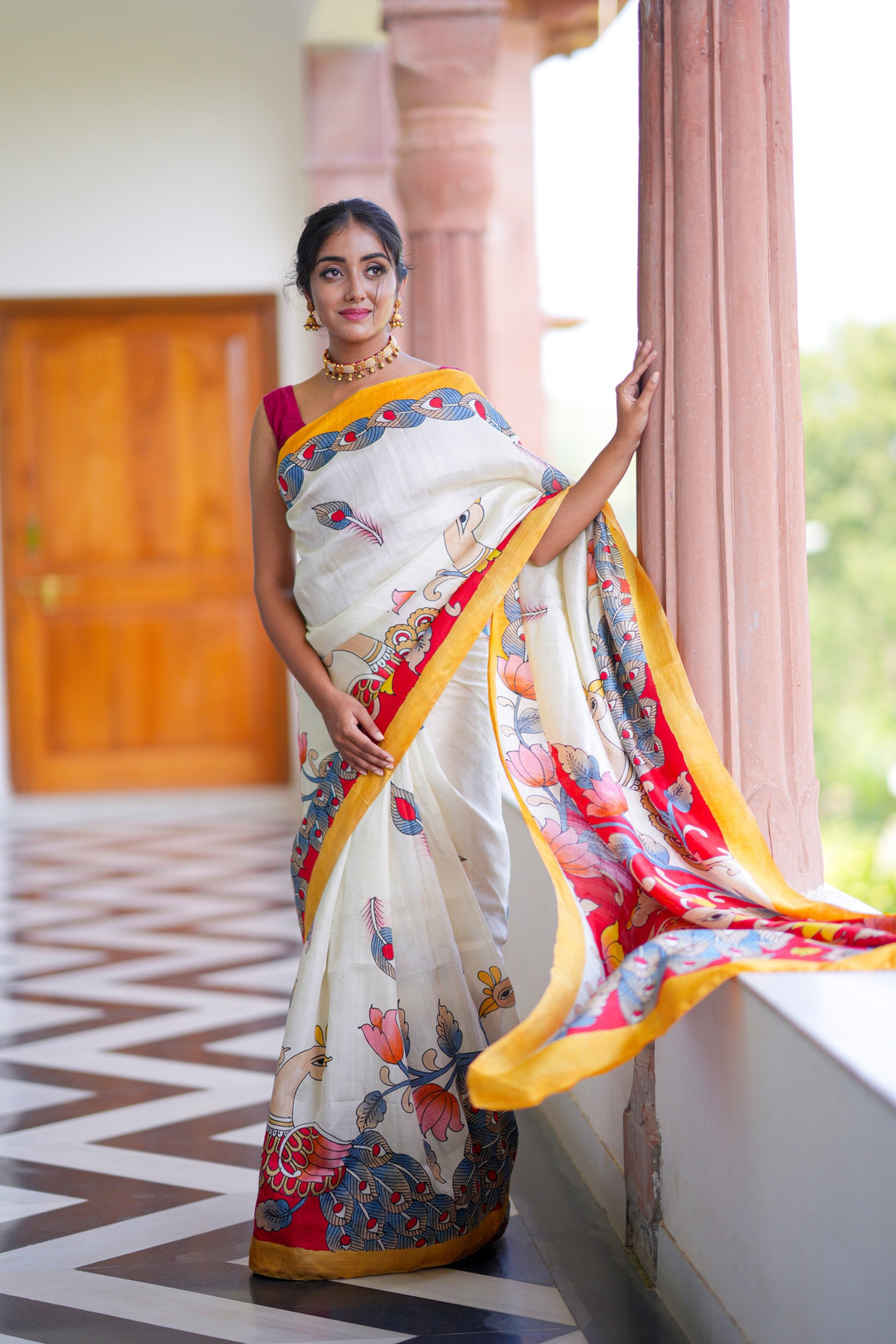 Ivory Pure Handloom Silk Saree with Kalamkari Handpainted Peacock Motifs and Contrast Border  | SILK MARK CERTIFIED | SHOBITAM
