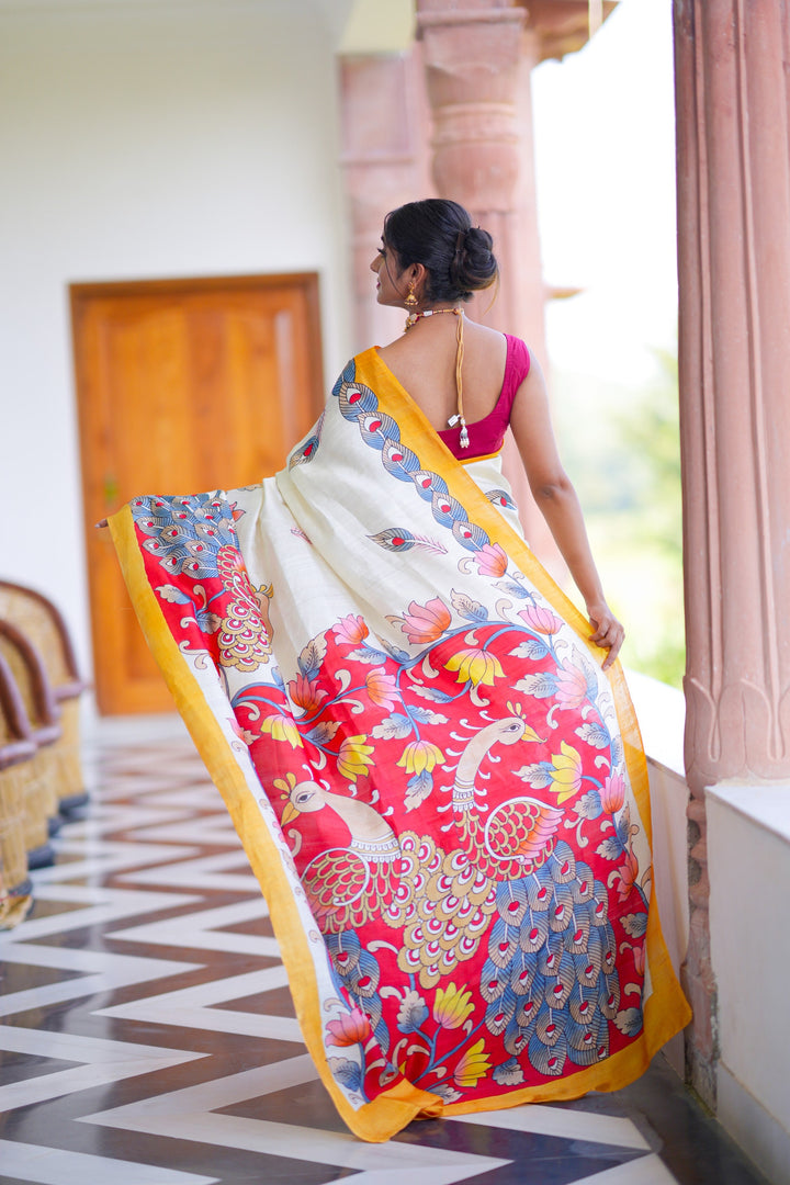 Ivory Pure Handloom Silk Saree with Kalamkari Handpainted Peacock Motifs and Contrast Border  | SILK MARK CERTIFIED | SHOBITAM
