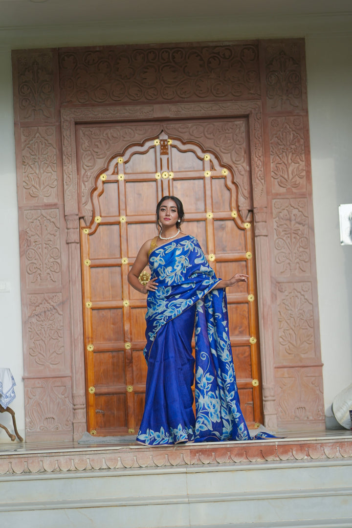 Sapphire Blue Hand Wax Batik Print on Lightweight Tussar Silk Saree with Floral Design and Lace Border | SILK MARK CERTIFIED