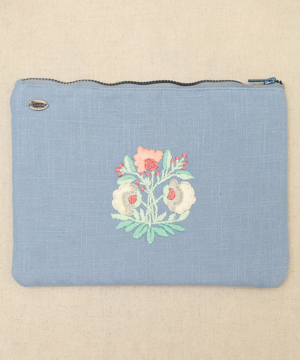 Light Blue hand embroidered Pure Cotton Slub Utility Pouch 12 by 8",Single Piece