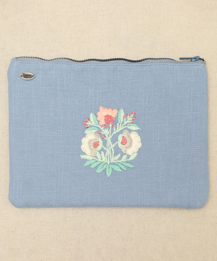 Light Blue hand embroidered Pure Cotton Slub Utility Pouch 12 by 8",Single Piece
