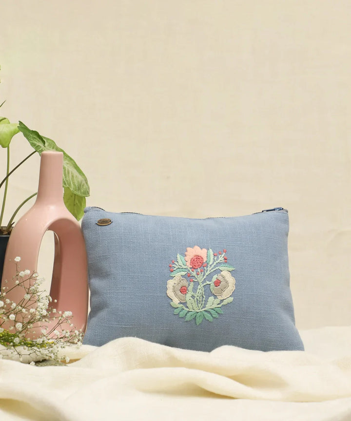 Light Blue hand embroidered Pure Cotton Slub Utility Pouch 12 by 8",Single Piece