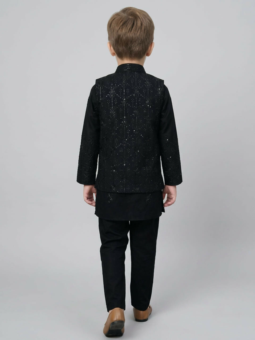 Boys Embroidered Black Kurta Pajama Set with Ethnic Jacket | SHOBITAM