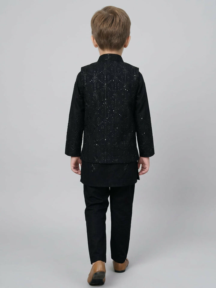 Boys Embroidered Black Kurta Pajama Set with Ethnic Jacket | SHOBITAM