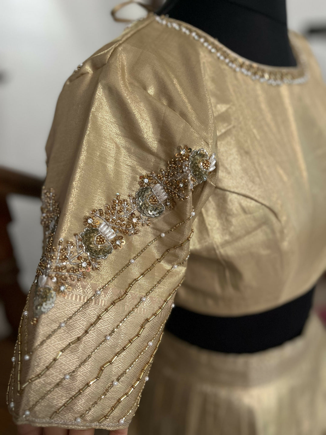 Gold Semi Kanchi half saree Davani /Lehenga Sets with Hand Embroidery Blouse
