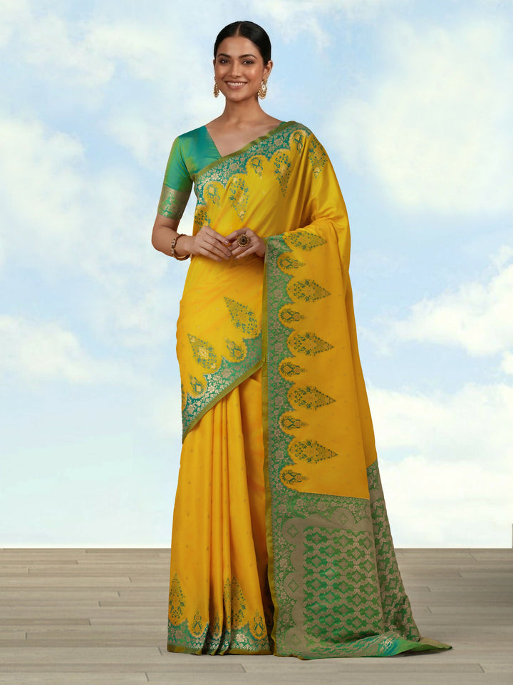 Yellow Semi Banarasi Silk Blend Saree with Zari Woven Work | SHOBITAM