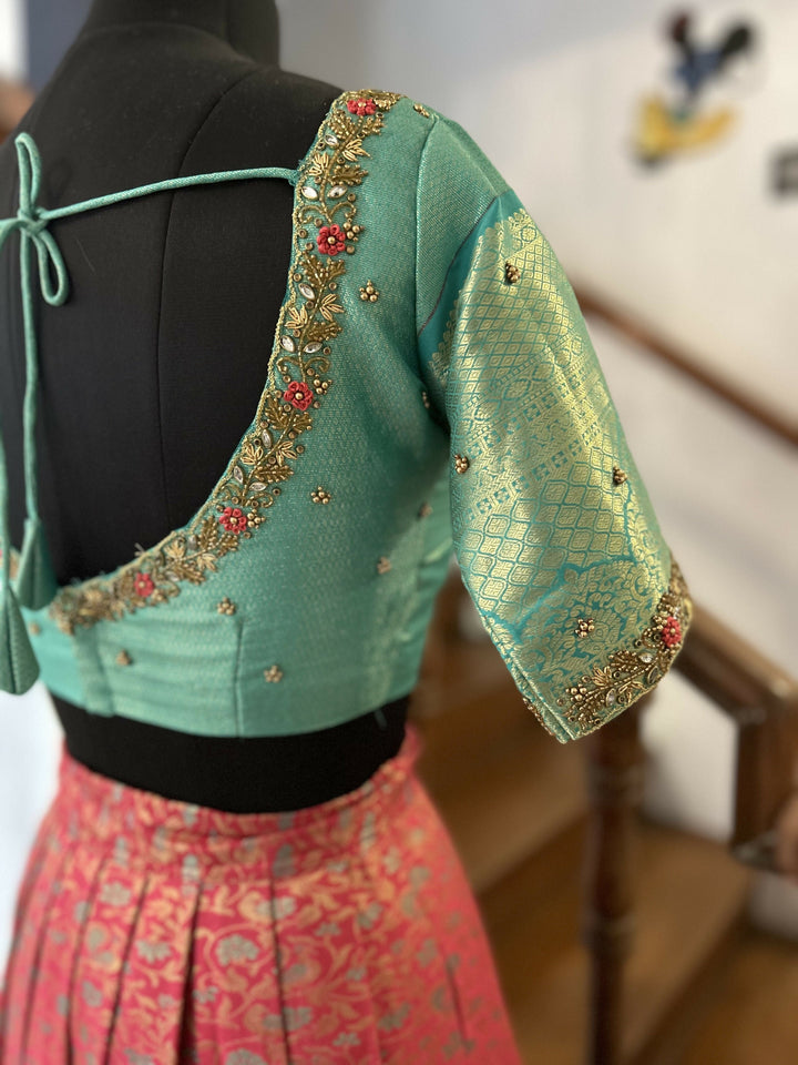 Tomato Red jacquard sea blue semi Kanchi lehenga | SHOBITAM
