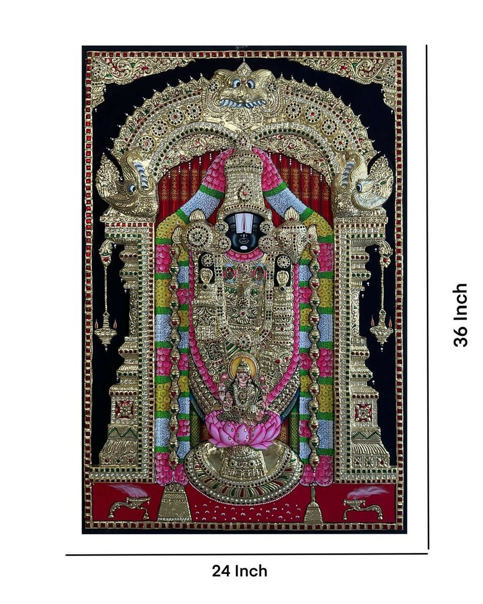 24*36 Authentic TANJORE PAINTING BALAJI WITH PATHA LAKSHMI SUPER EMBOSSE With 22 Ct gold Foil and Jaipur Gemstones,Unframed | SHOBITAM