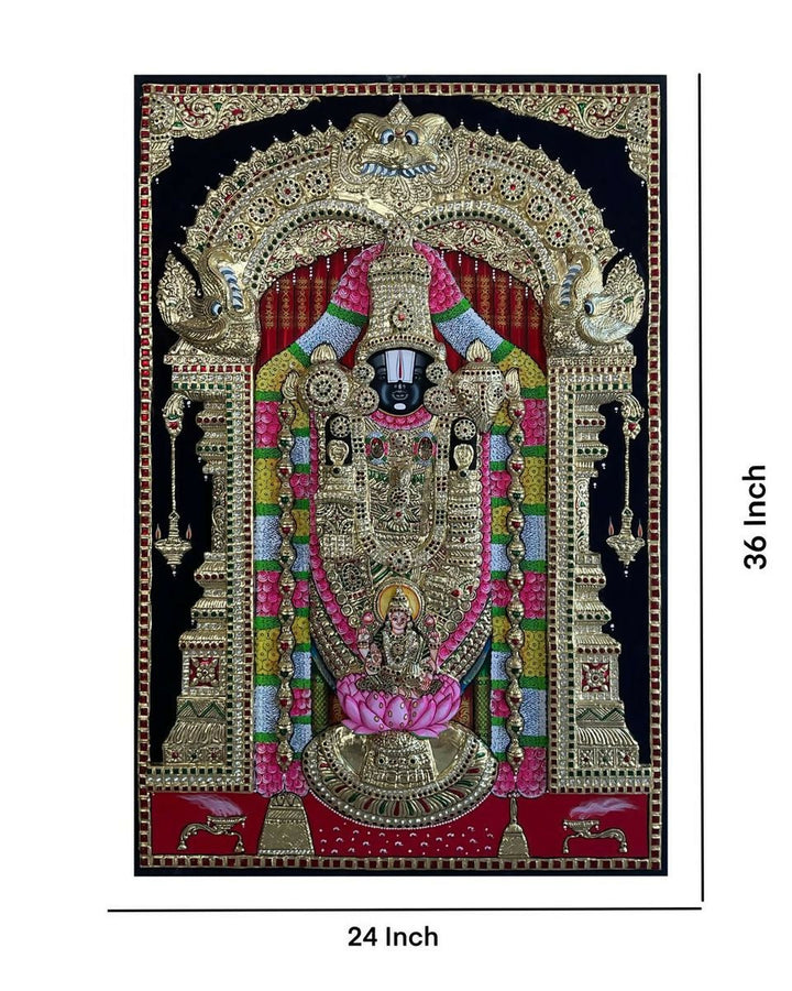 24*36 Authentic TANJORE PAINTING BALAJI WITH PATHA LAKSHMI SUPER EMBOSSE With 22 Ct gold Foil and Jaipur Gemstones,Unframed | SHOBITAM