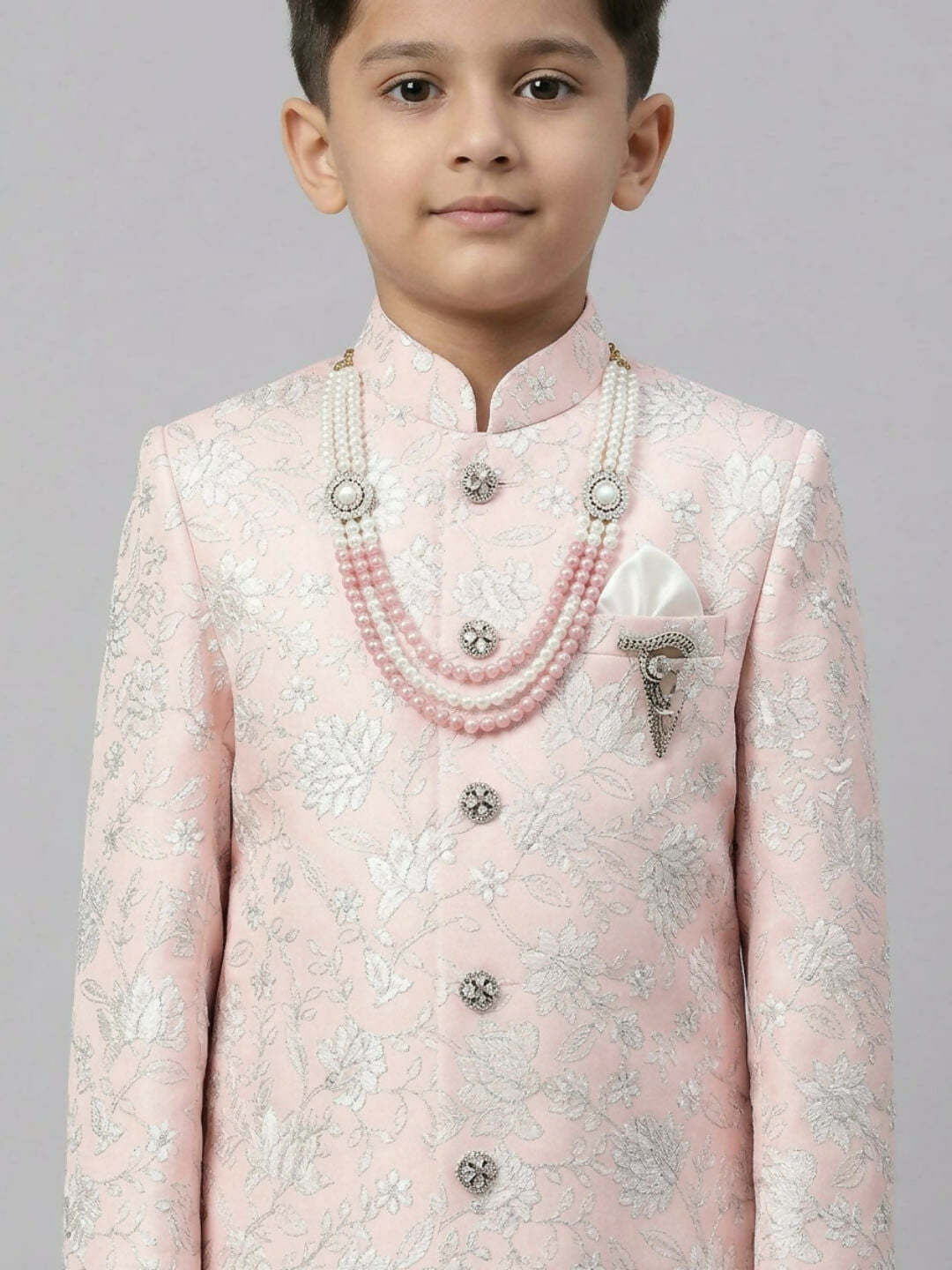 Boys Embroidered Light Pink Indo Western Sherwani Set and Trouser | SHOBITAM