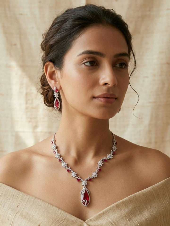 Contemporary Silver Plated American Diamond Necklace Set | SHOBITAM