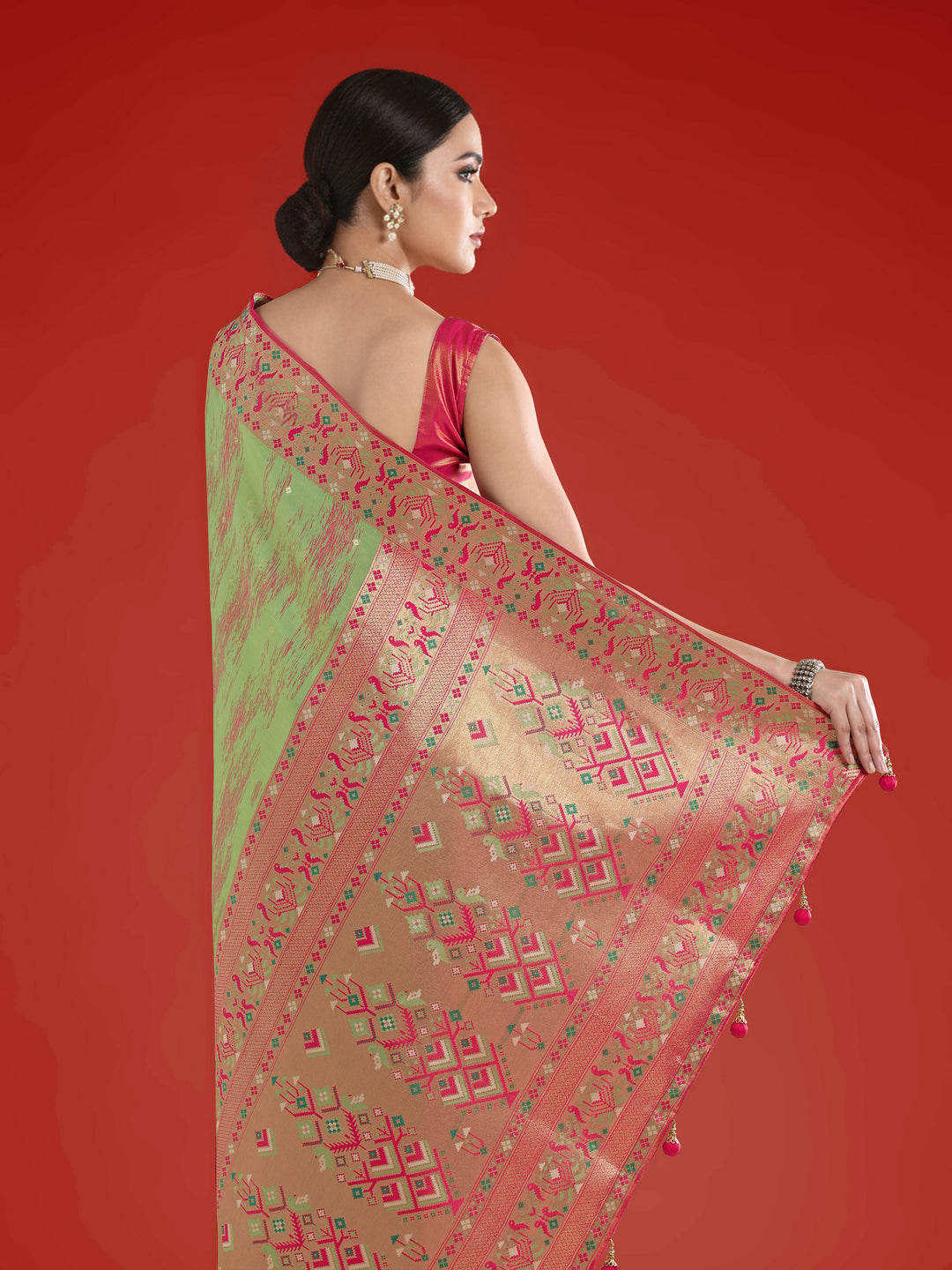 Light Green Color Semi Banarasi Tissue Silk Paithani Woven Saree | SHOBITAM