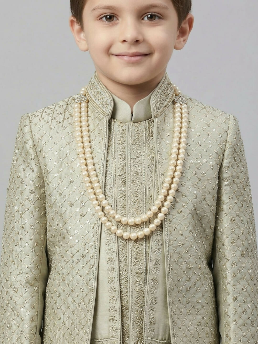 Boys Embroidered Light Grey Sherwani Set with Jacket, Trousers and Pearl Chain | SHOBITAM