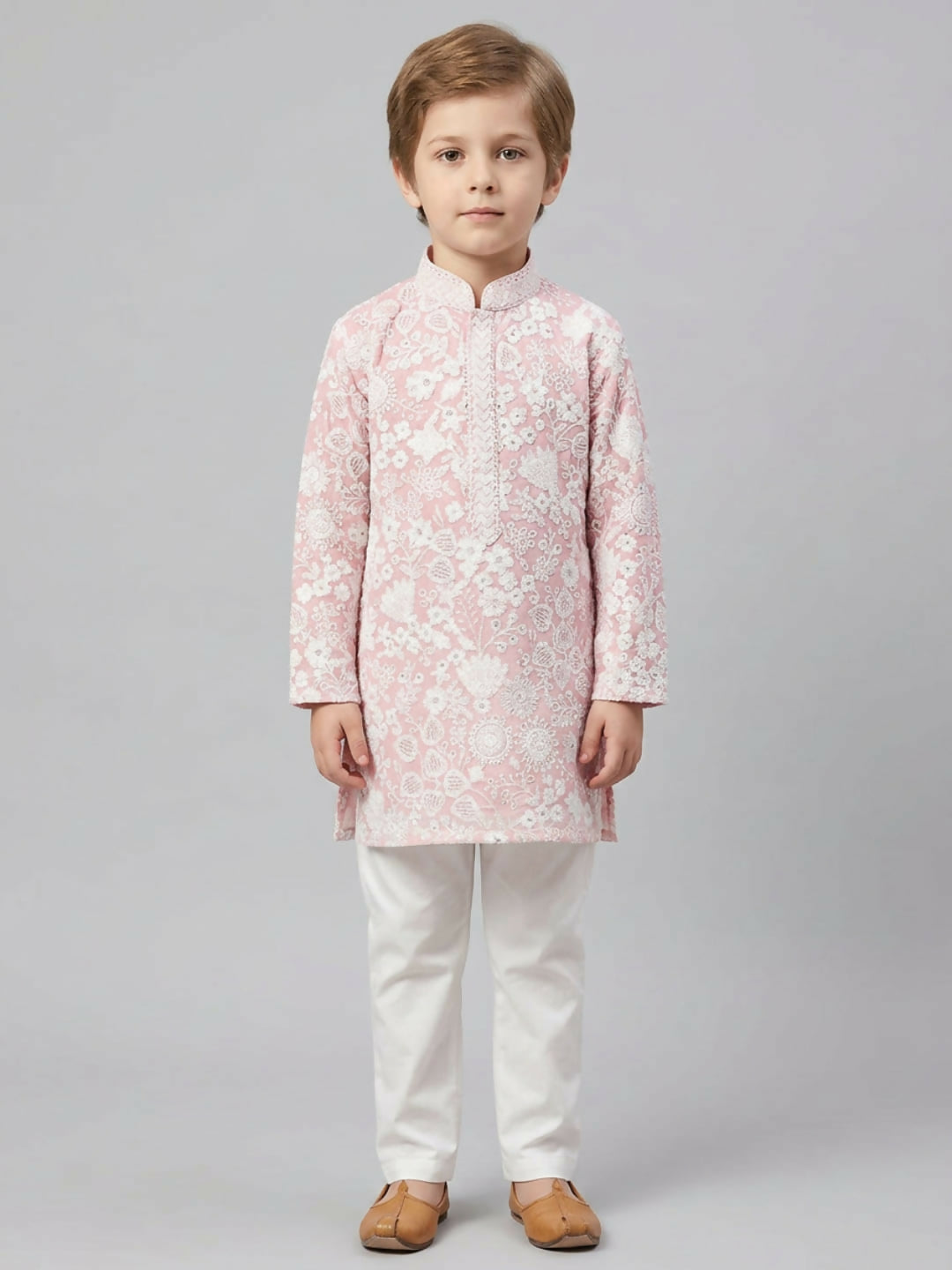 Boys Embroidered Light Pink Kurta Pajama Set | SHOBITAM
