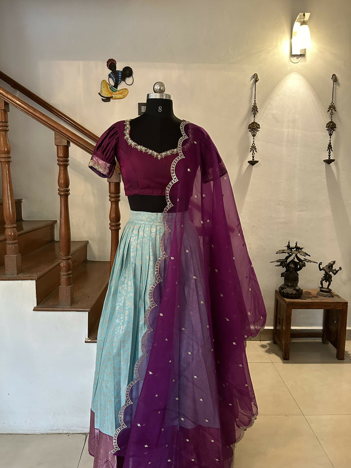 Aqua blue Semi Kanchi Lehenga Set