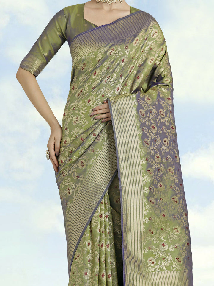 Banarasi Silk Olive jaal Pattern Saree | SHOBITAM