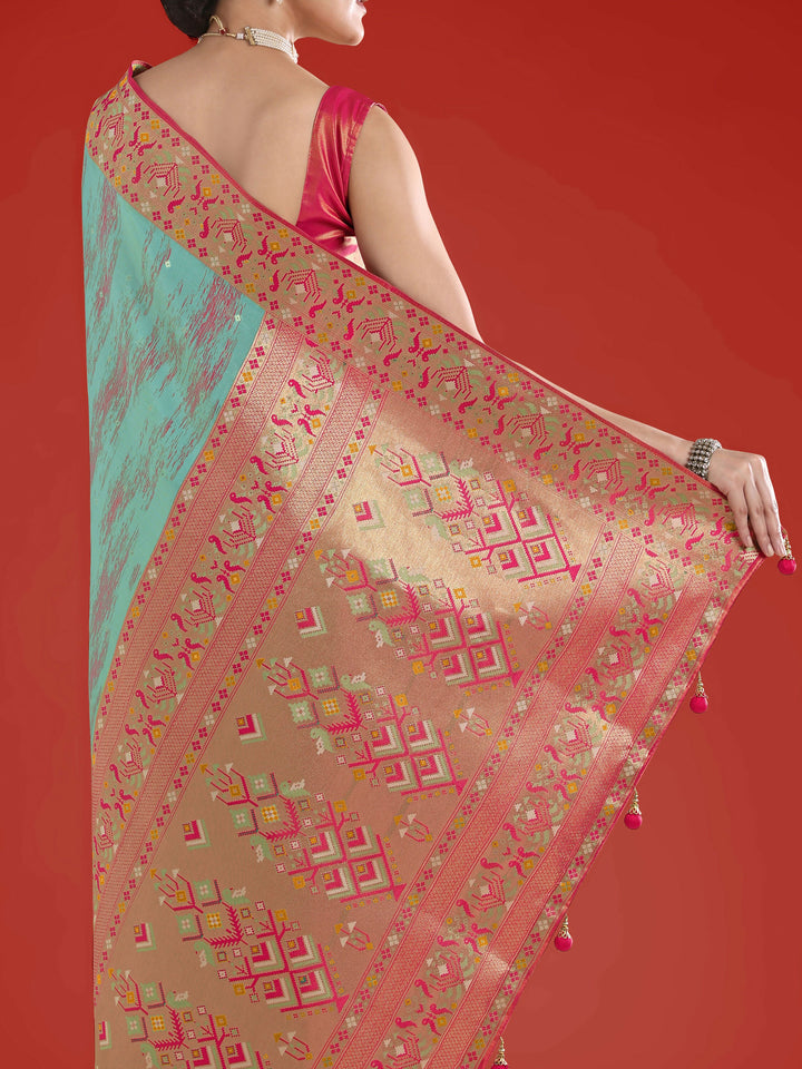 Sky blue Color Semi Banarasi Tissue Silk Paithani Woven Saree | SHOBITAM