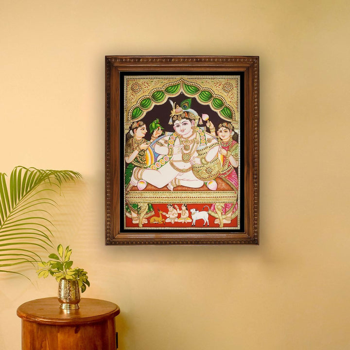 12*15 Tanjore Painting of Butter Thief Krishna, Authentic 22 ct Gold Plated , Unframed | SHOBITAM
