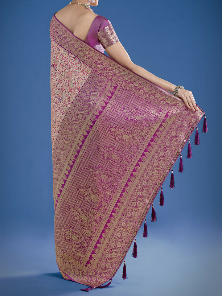 Beige Banarasi Semi Silk Saree With Traditional Paisley Weaves | SHOBITAM