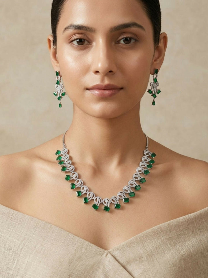 Mesmerizing Silver Plated American Diamond Necklace Set | Shobitam