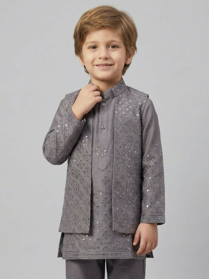 Boys Embroidered Grey Kurta Pajama Set with Ethnic Jacket | SHOBITAM