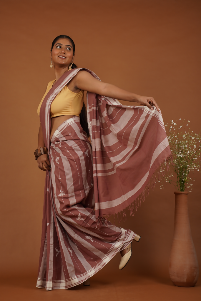Flying Bird Handwoven Bawan Buti Terrocota Rose Cotton Saree | SHOBITAM