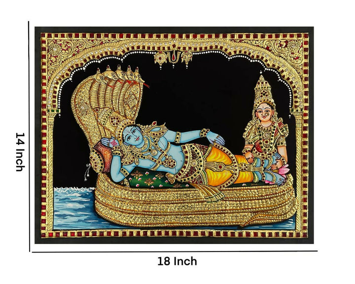 14*18 TANJORE PAINTING RANGANATHA SWAMY WITH LAKSHMI and Authentic With 22 Ct Gold Foil and Jaipur Gemstones,Unframed | SHOBITAM
