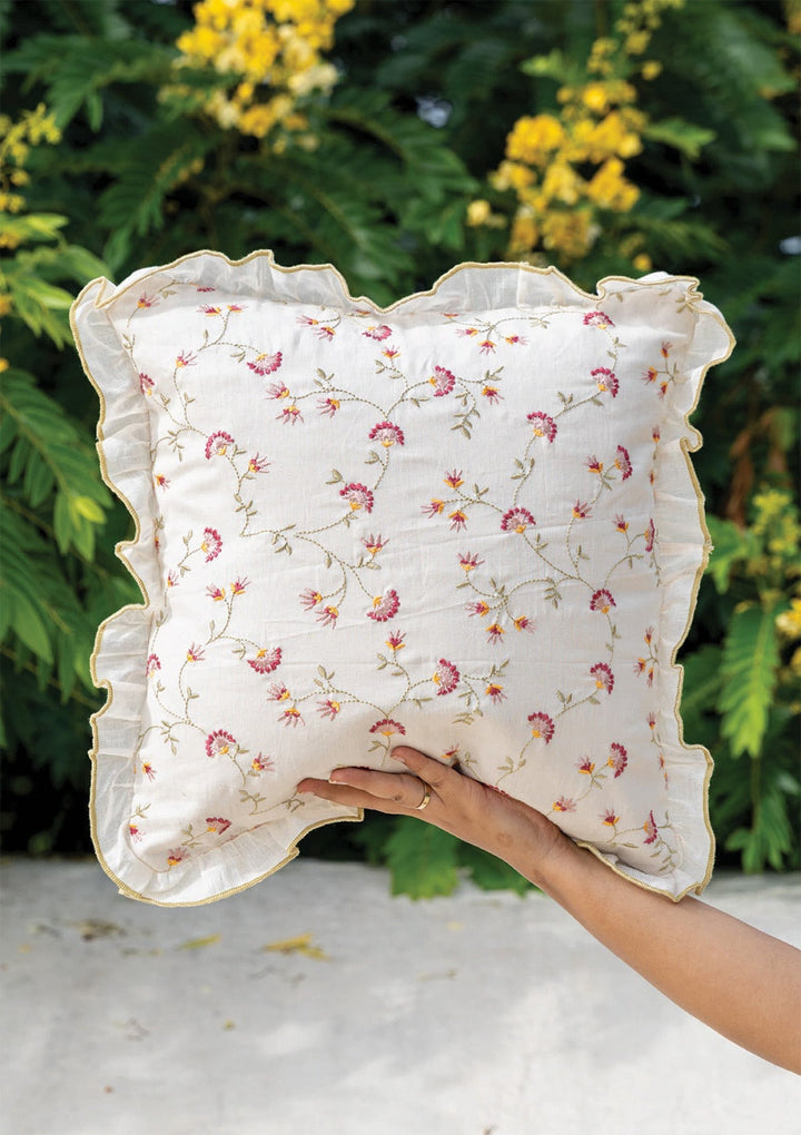 Vaanya 100% Cotton Sheer Embroidered Green and Pink Cushion Cover for Sofa- 16" x 16" | SHOBITAM